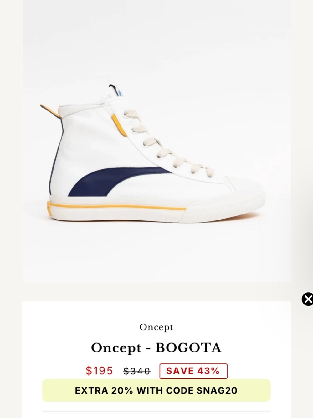 Oncept Bogota High-Top Sneakers in White, Navy & Yellow